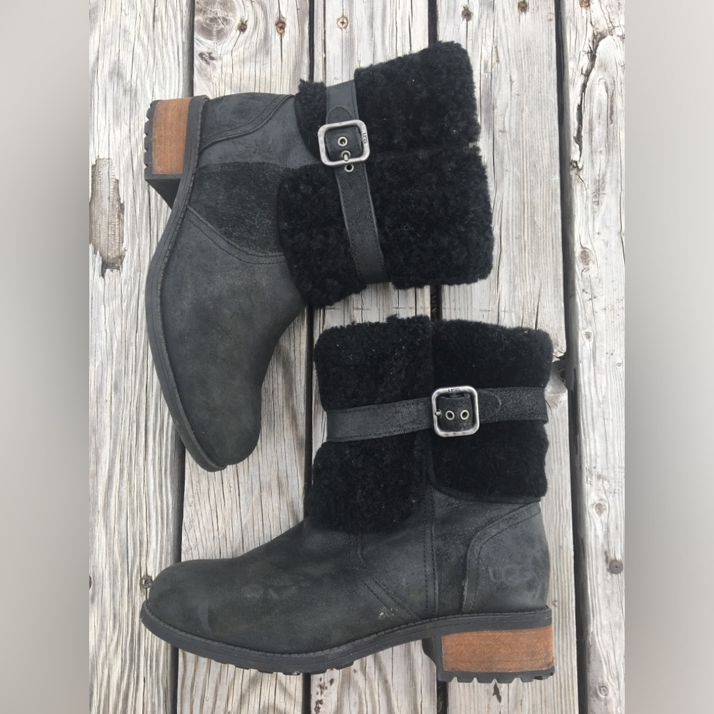 UGG Australia Blayre II Winter Boots Black Leather Sherpa Lined Size 7 1008220
